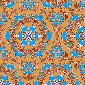 Folk Art Tulips and Radishes Hexagon Blue and Brown on Tan