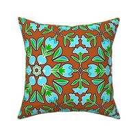 Folk Art Tulips and Radishes Hexagon Turquoise Blue and Green on Brown