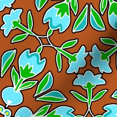 Folk Art Tulips and Radishes Hexagon Turquoise Blue and Green on Brown