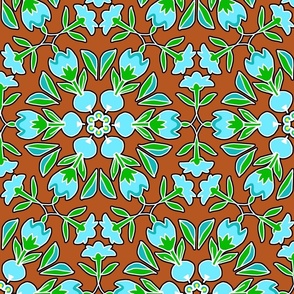 Folk Art Tulips and Radishes Hexagon Turquoise Blue and Green on Brown