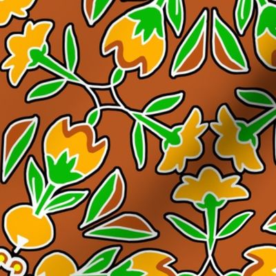 Folk Art Tulips and Radishes Hexagon Orange and Green on Brown