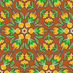 Folk Art Tulips and Radishes Hexagon Orange and Green on Brown