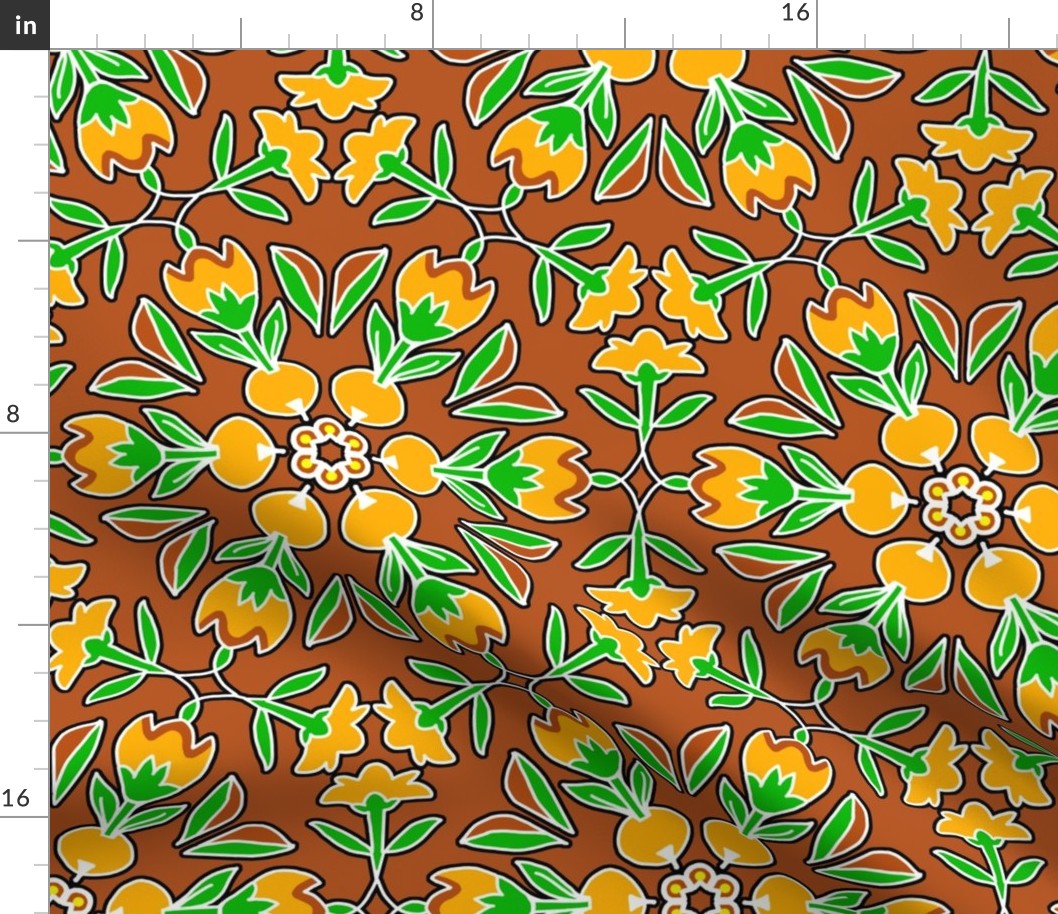 Folk Art Tulips and Radishes Hexagon Orange and Green on Brown