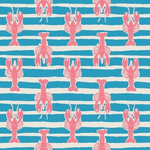 (M) Lobster Stripe - pink lobsters on blue and white stripes