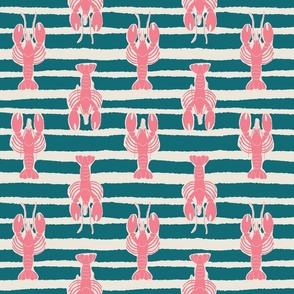 (M) Lobster Stripe - pink lobsters on teal and white stripes