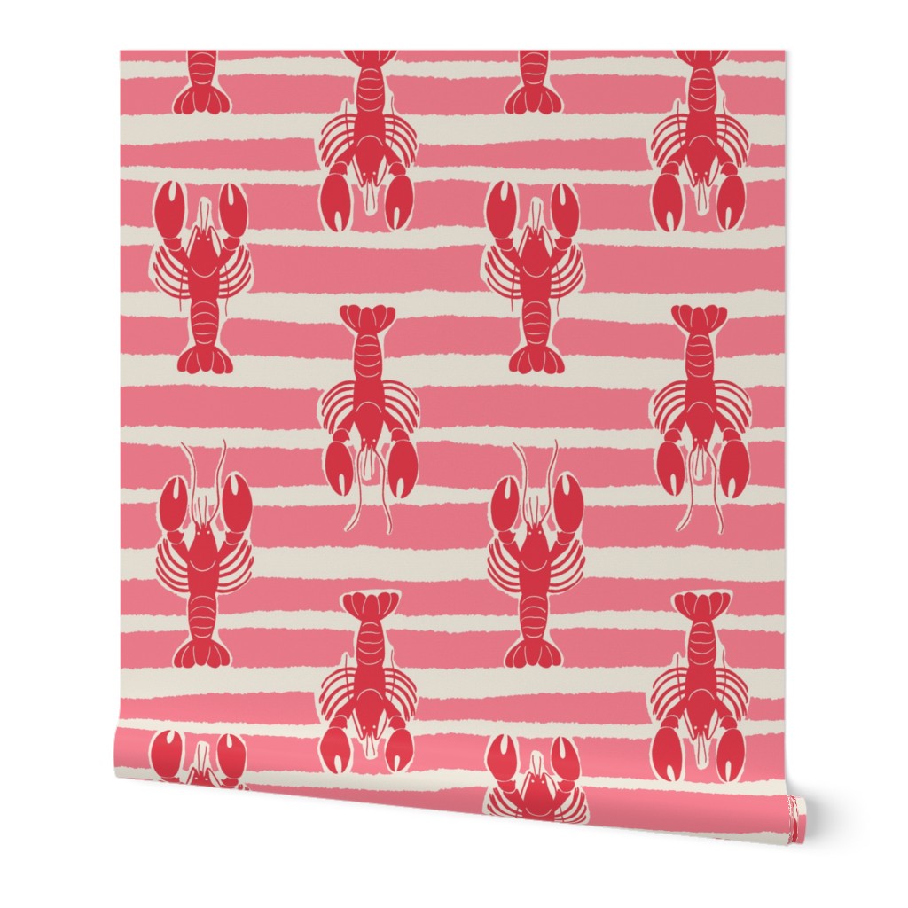 (M) Lobster Stripe - red lobsters on pink and white stripes