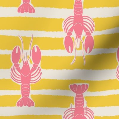 (M) Lobster Stripe - pink lobsters on yellow and white stripes