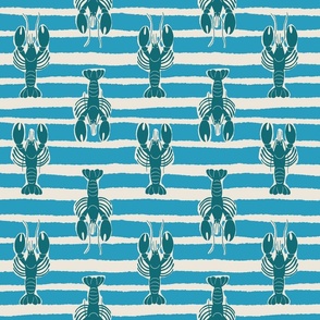 (M) Lobster Stripe - teal lobsters on blue and white stripes