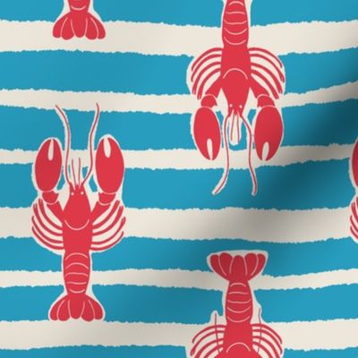 (M) Lobster Stripe - red lobsters on blue and white stripes