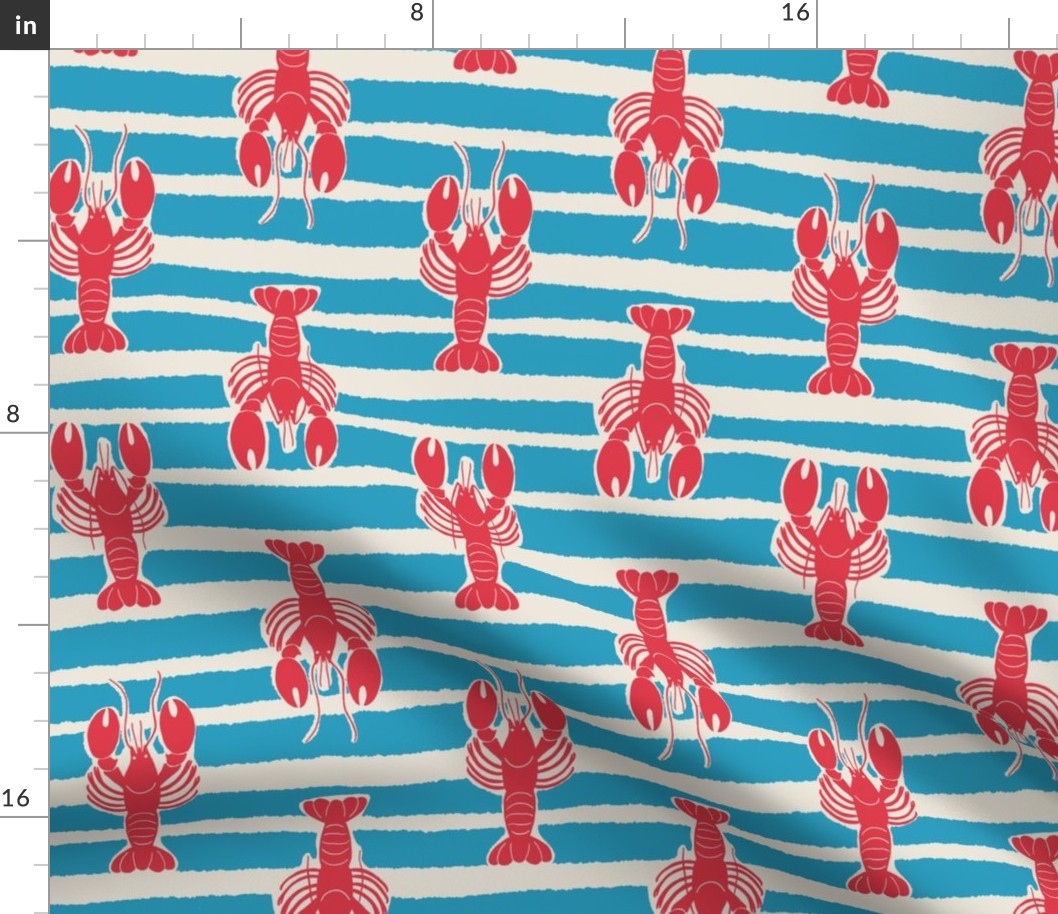 (M) Lobster Stripe - red lobsters on blue and white stripes