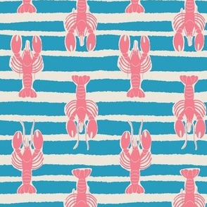 (S) Lobster Stripe - pink lobsters on blue and white stripes