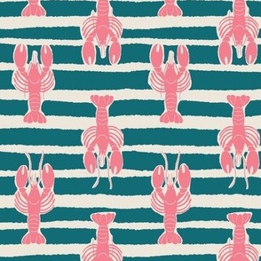 (S) Lobster Stripe - pink lobsters on teal and white stripes