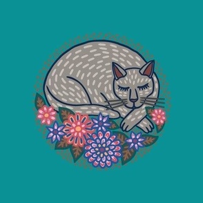 Sleeping Cat Embroidery Swatch (8" x 8") - teal