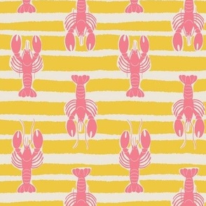 (S) Lobster Stripe - pink lobsters on yellow and white stripes