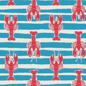 (S) Lobster Stripe - red lobsters on blue and white stripes