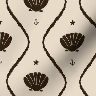 Seashells in the waves in moody earthy dark brown on cream - minimalist marine ogee pattern with vintage vibe for classic elegant kids room, coastal chic or grandmillennial interior