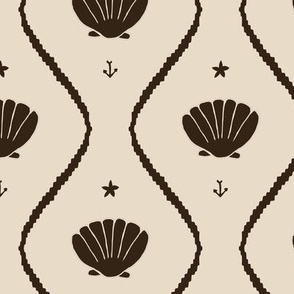 Seashells in the waves in moody earthy dark brown on cream - minimalist marine ogee pattern with vintage vibe for classic elegant kids room or grandmillennial interior