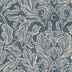 (M) Baroque Damask Leaves in dark blue, gray-blue and dusty blue and off white