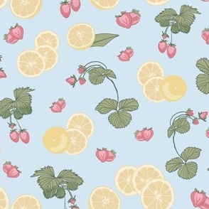 Pink Lemonade- Small Scale Vintage Strawberry plants & Lemons on blue