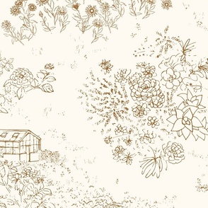 Whimsical greenhouse garden toile sepia brown - large