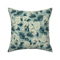 Retro Floral -Medium - Teal - LINEN Texture