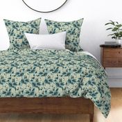 Retro Floral -Medium - Teal - LINEN Texture