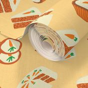 Treat Yourself to Carrot Cake Scattered with Orange, Browns, Yellow and Green as a Seamless Repeat Pattern Design