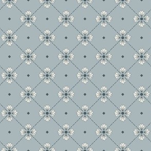 Simone: Foggy Blue Tiled Floral, Gray Blue Small Scale Diagonal Botanical
