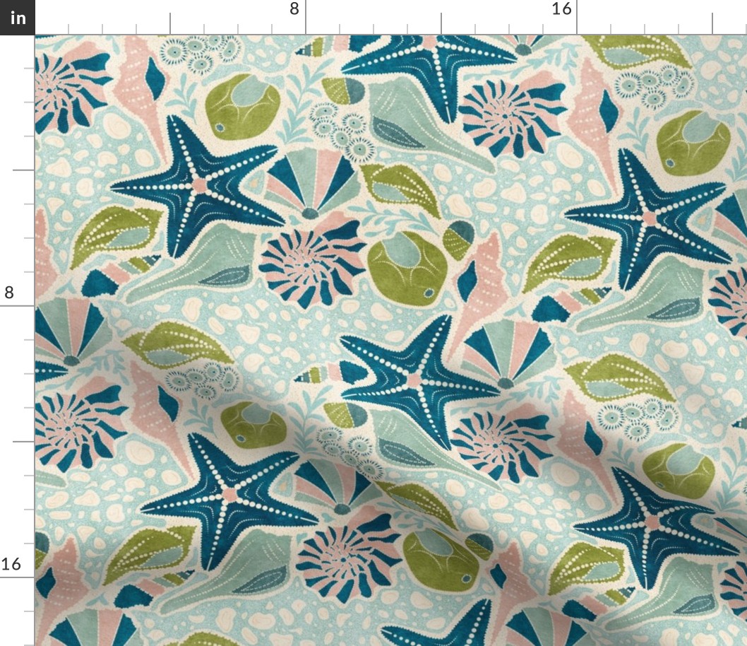 Just Beachy- Seashells Starfish on Sand with Sea Foam- Beach Combers Delight- Blue Green- Regular Scale