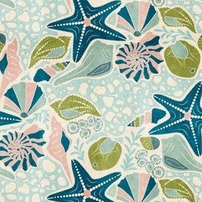 Just Beachy- Seashells Starfish on Sand with Sea Foam- Beach Combers Delight- Blue Green- Small Scale