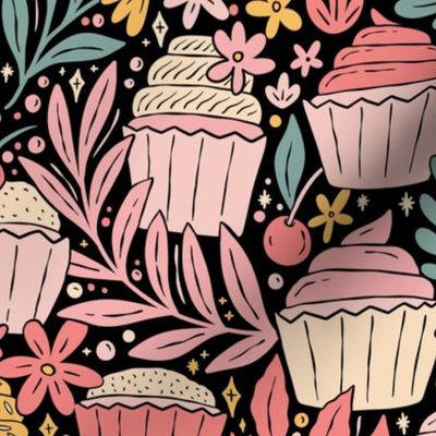 Cupcakes and Flowers - colorful sweets - dark - large
