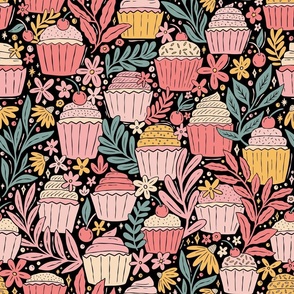 Cupcakes and Flowers - colorful sweets - dark - large