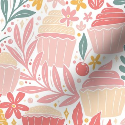 Cupcakes and Flowers - colorful sweets - light white - large