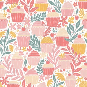 Cupcakes and Flowers - colorful sweets - light white - large
