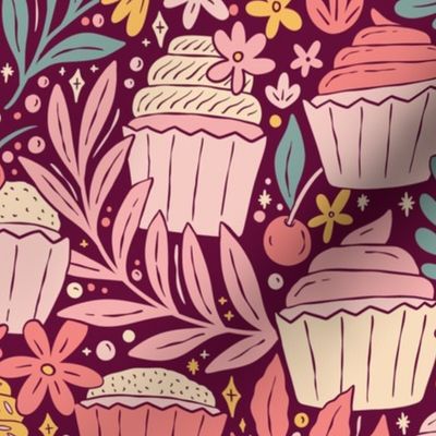 Cupcakes and Flowers - colorful sweets - pink plum - large