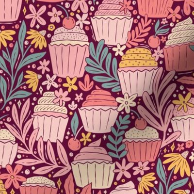 Cupcakes and Flowers - colorful sweets - pink plum - medium