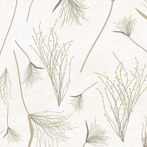 Tossed Gold And Gray Grasses With Gold Dots On Textured Ground Medium Scale