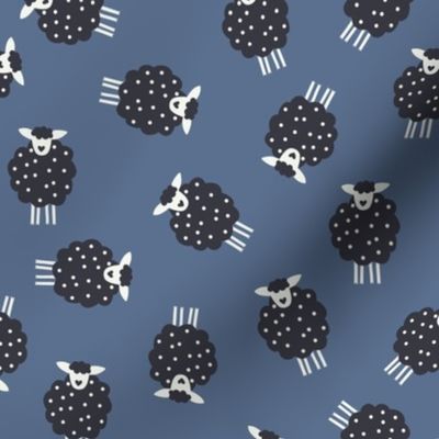 Whimsical Farmhouse Tossed Dark Sheep with spots on an Indigo Blue background - Large - 12x12