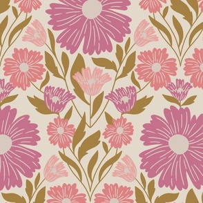 (L) Daisy diamond half-drop in shades of pinks, mustard gold, and creamy off white