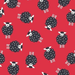 Whimsical Farmhouse Tossed Dark Sheep with spots on a Cherry Red background - Large - 12x12