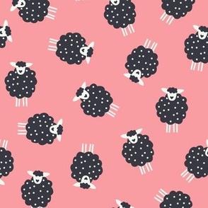 Whimsical Farmhouse Tossed Dark Sheep with spots on a Baby Pink background - Large - 12x12