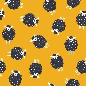 Whimsical Farmhouse Tossed Dark Sheep with spots on a Golden Yellow background - Large - 12x12