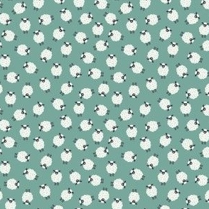 Whimsical Farmhouse Tossed White Sheep with spots on an Aqua Green background - Small - 3x3