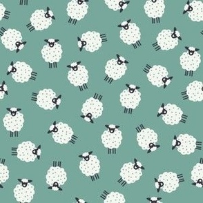 Whimsical Farmhouse Tossed White Sheep with spots on an Aqua Green background - Medium - 6x6