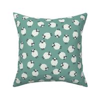 Whimsical Farmhouse Tossed White Sheep with spots on an Aqua Green background - Large - 12x12