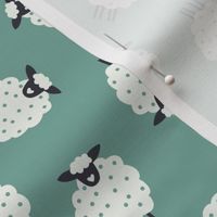 Whimsical Farmhouse Tossed White Sheep with spots on an Aqua Green background - Large - 12x12