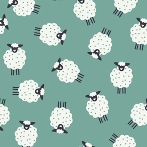 Whimsical Farmhouse Tossed White Sheep with spots on an Aqua Green background - Large - 12x12