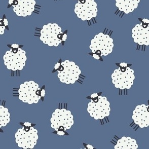 Whimsical Farmhouse Tossed White Sheep with spots on an Indigo Blue background - Large  - 12x12