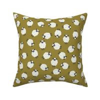Whimsical Farmhouse Tossed White Sheep with spots on an Avocado Green background - Large -12x12