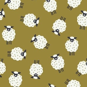 Whimsical Farmhouse Tossed White Sheep with spots on an Avocado Green background - Large -12x12